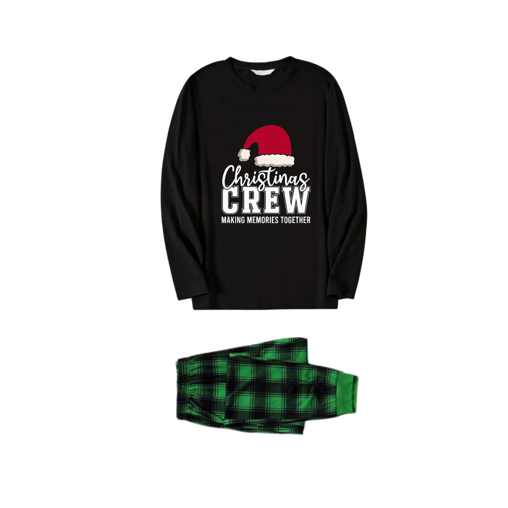 Drune | Weihnachtsfamilie passende Pyjamas - Schwarzes Top und grüne karierte Hose PJs Set mit "Christmas Crew Making Memories Together" und Weihnachtsmann-Hut-Muster Druck
