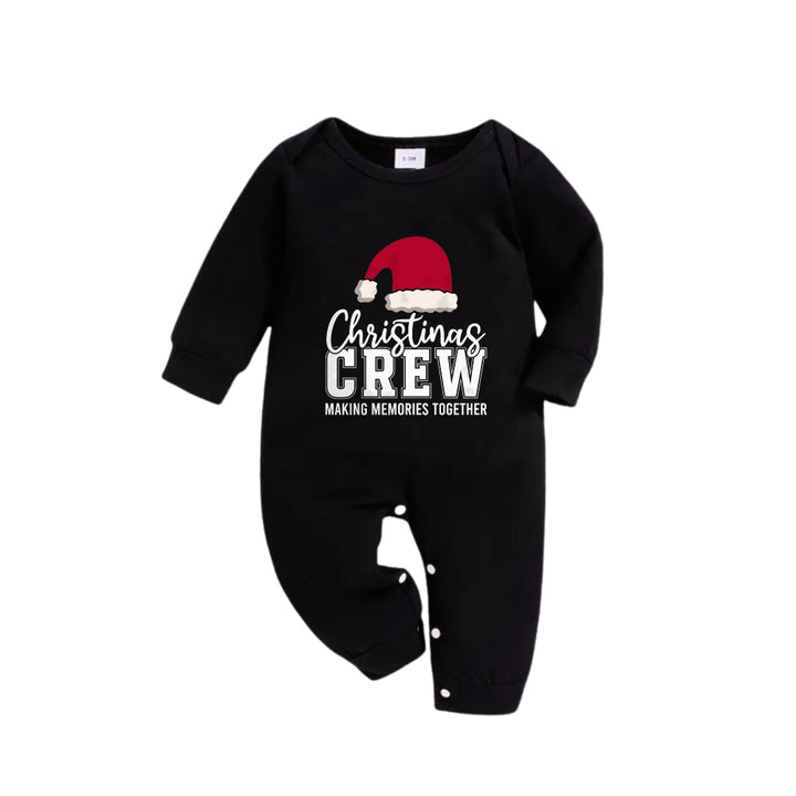Drune | Weihnachtsfamilie passende Pyjamas - Schwarzes Top und grüne karierte Hose PJs Set mit "Christmas Crew Making Memories Together" und Weihnachtsmann-Hut-Muster Druck