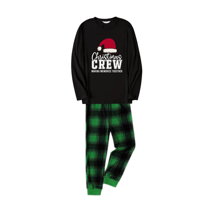 Drune | Weihnachtsfamilie passende Pyjamas - Schwarzes Top und grüne karierte Hose PJs Set mit "Christmas Crew Making Memories Together" und Weihnachtsmann-Hut-Muster Druck