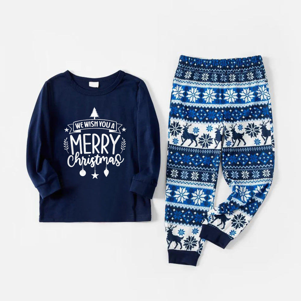 Drune | Fröhliche blaue Weihnachts-Pyjama-Set mit Weihnachts-Textdruck