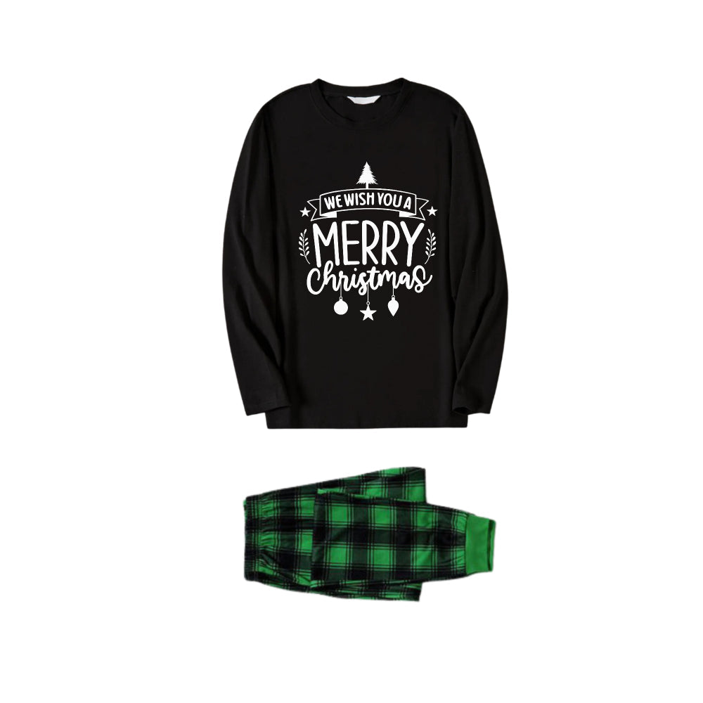 Drune | Weihnachtsfamilien-Pyjamas passend - Schwarzes Oberteil und grüne karierte Hose Pjs-Set mit "We Wish You A Merry Christmas" Schwarz&Weiß-Druck
