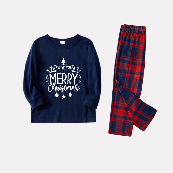 Drune | Weihnachtsfamilien-Pyjama-Abgleich - Navy & Rot kariertes Pjs-Set mit "Wir wünschen Ihnen ein frohes Weihnachtsfest" Slogan-Druck