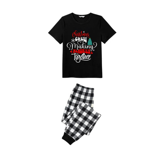 Drune | Schwarz-Weiß kariertes kurzärmliges Weihnachts-Pajama-Set mit süßem Textdruck