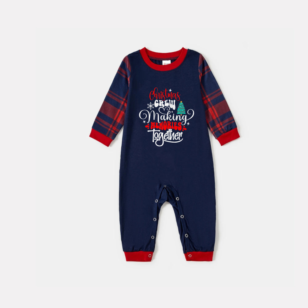 Drune | Weihnachtsfamilien passende Pyjamas - Marineblau & Rot Karierte Pjs Set mit "Christmas Crew Making Memories Together" Slogan Druck