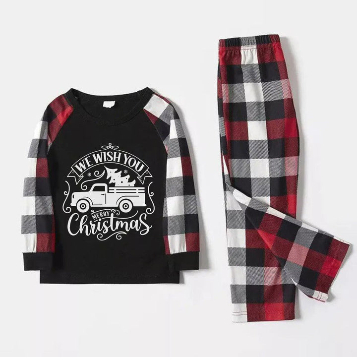 Drune | Weihnachtsfamilien-Matching-Pyjamas - Rote und graue karierte Pyjamas mit dem künstlerischen Schriftzug "We Wish You A Merry Christmas"
