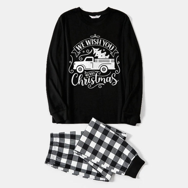 Drune | Schwarz-weiß kariertes Weihnachts-Pyjama-Set mit Auto und "We Wish You A Merry Christmas" Textdruck