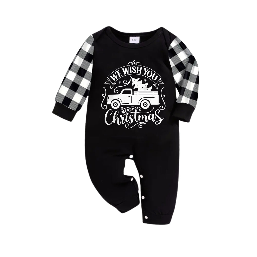 Drune | Schwarz-weiß kariertes Weihnachts-Pyjama-Set mit Auto und "We Wish You A Merry Christmas" Textdruck