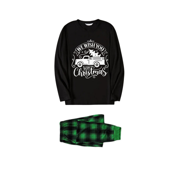 Drune | Weihnachts-Familien-Pyjama-Set - Schwarzes Oberteil und grüne Karopants mit "Frohe Weihnachten" und Weihnachtsauto-Musterprint