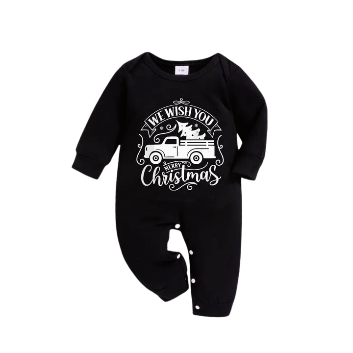 Drune | Weihnachts-Familien-Pyjama-Set - Schwarzes Oberteil und grüne Karopants mit "Frohe Weihnachten" und Weihnachtsauto-Musterprint