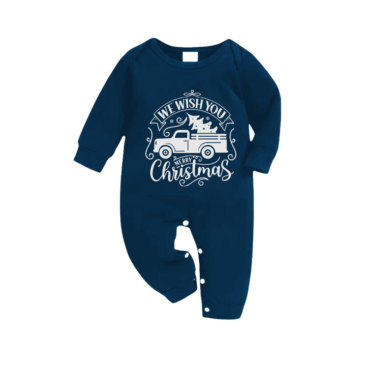 Drune | Weihnachtsfamilien passende Pyjamas - Marineblau & Himmelblau Karierte Pjs Set mit "We Wish You A Merry Christmas" und Weihnachtsauto Muster Druck