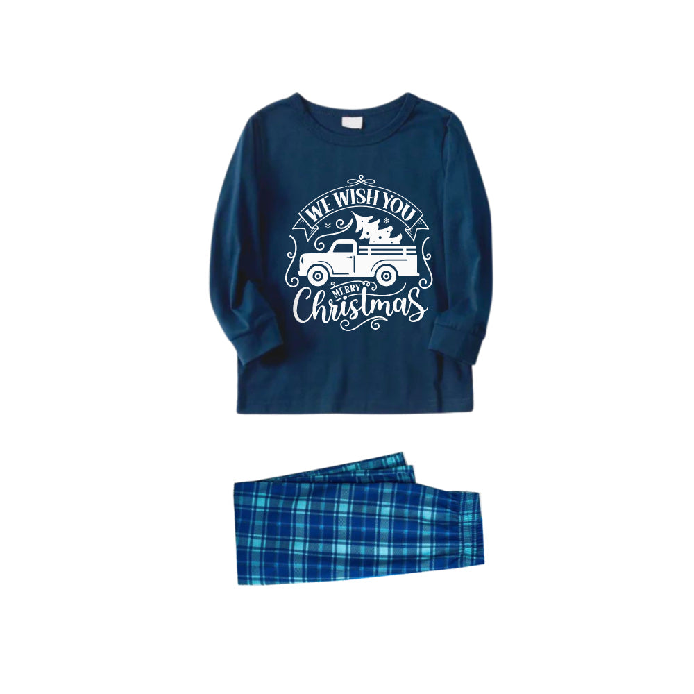 Drune | Weihnachtsfamilien passende Pyjamas - Marineblau & Himmelblau Karierte Pjs Set mit "We Wish You A Merry Christmas" und Weihnachtsauto Muster Druck