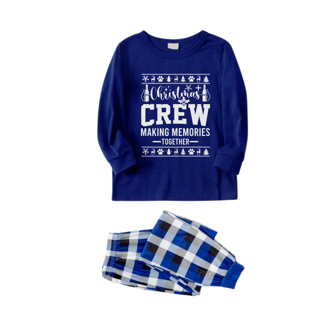 Drune | Weihnachtsfamilien-Matching-Pyjamas - Marineblau & Weiß kariertes Pjs-Set mit "Christmas Crew Making Memories Together" und Weihnachtsmusterdruck