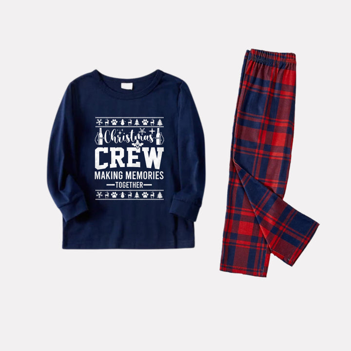 Drune | Weihnachtsfamilien passende Pyjamas - Marineblau & rotes kariertes Pj-Set mit "Weihnachtscrew macht gemeinsam Erinnerungen" und Weihnachtsmuster Druck