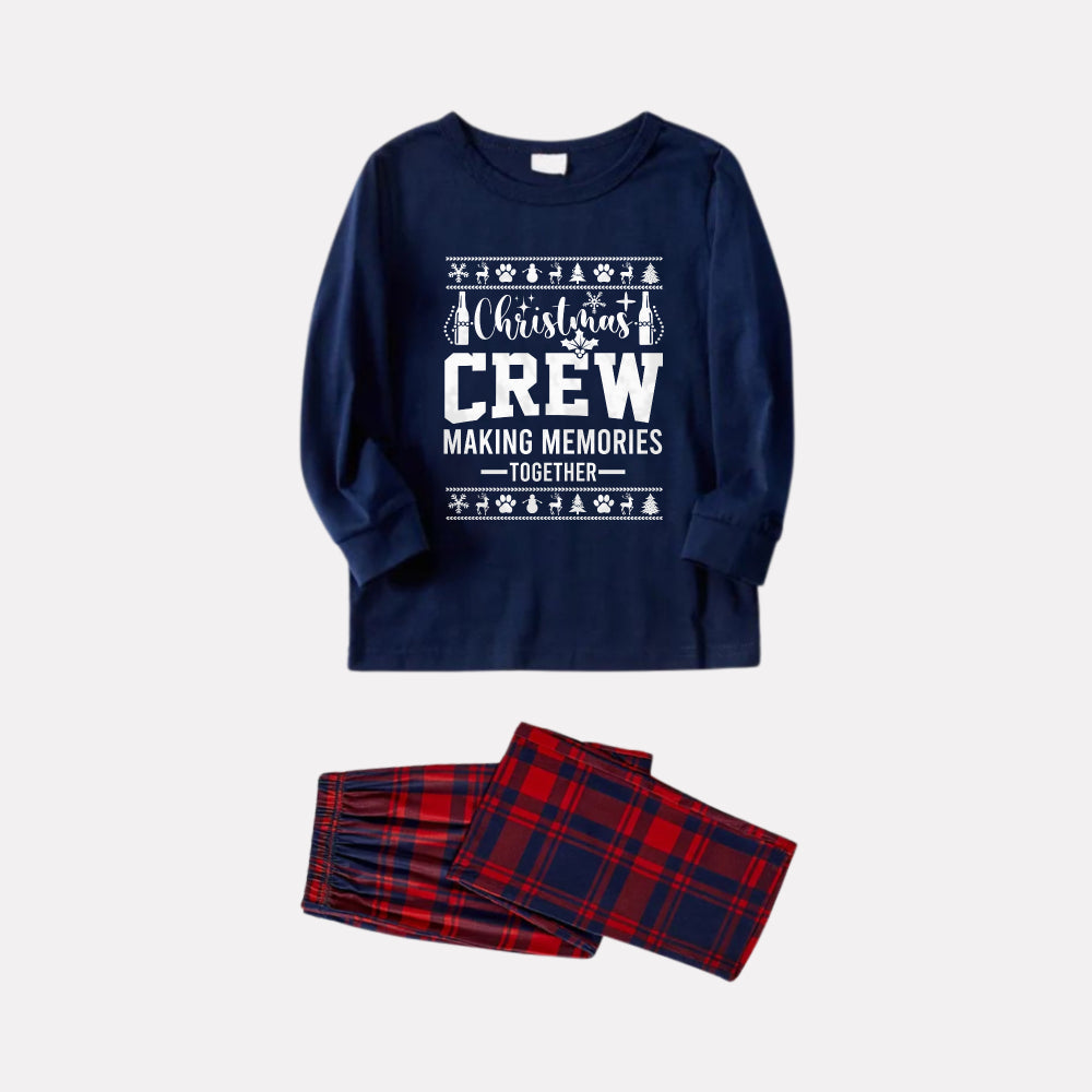 Drune | Weihnachtsfamilien passende Pyjamas - Marineblau & rotes kariertes Pj-Set mit "Weihnachtscrew macht gemeinsam Erinnerungen" und Weihnachtsmuster Druck
