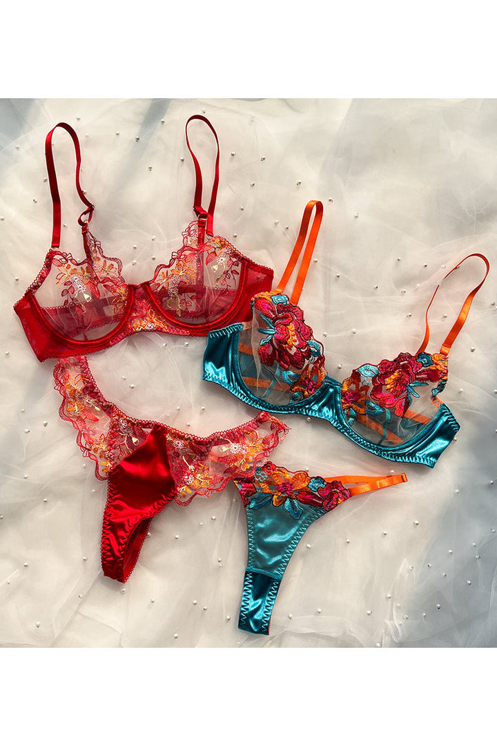 Drune | Satin Durchsichtige Blumen 3 Teile Lingerie Set