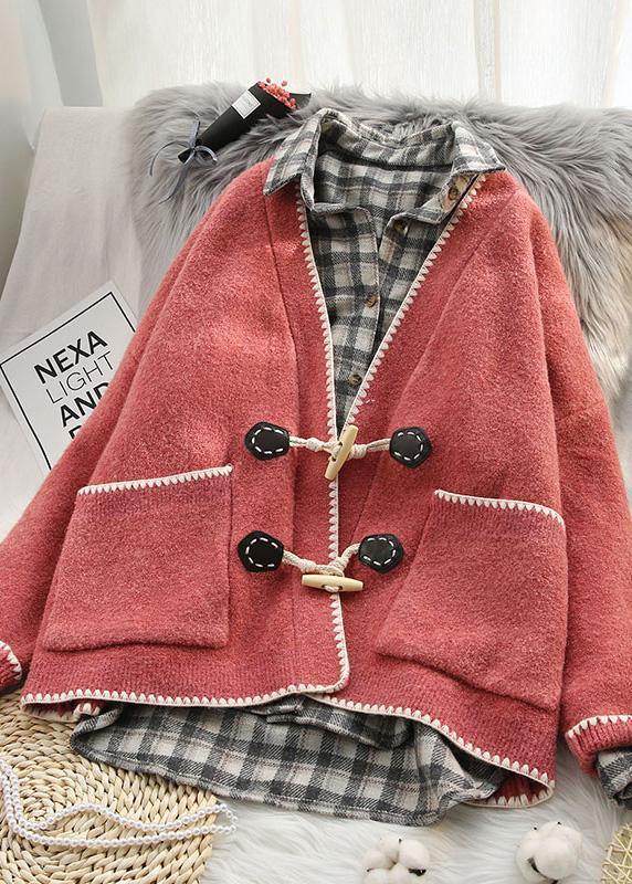 Drune | pink Strickmäntel oversized V-Ausschnitt Hornschließe Strickoberbekleidung