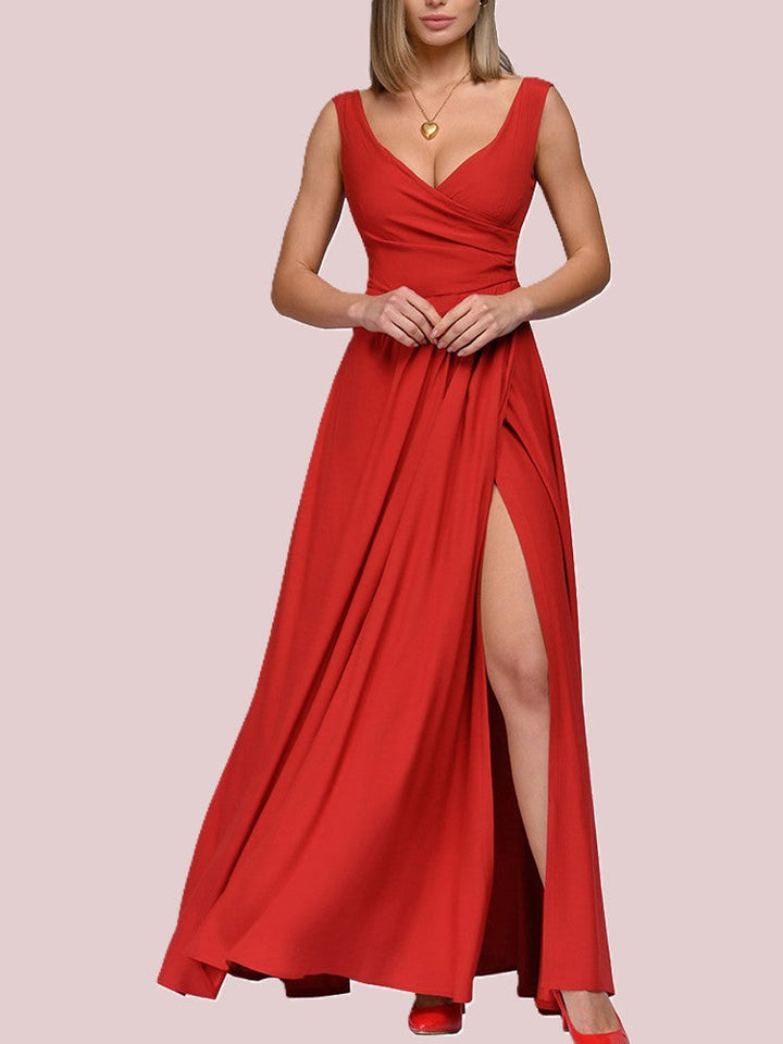Drune | Elegantes Maxi Kleid mit Tiefem V-Ausschnitt und Schlitz