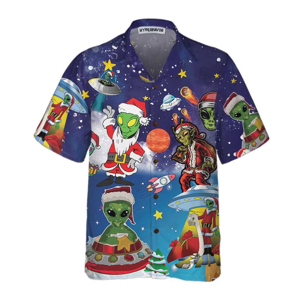 Drune | Aliens Im Santa Kostüm Hawaiian Shirt, Lustiges Weihnachtshemd Für Männer
