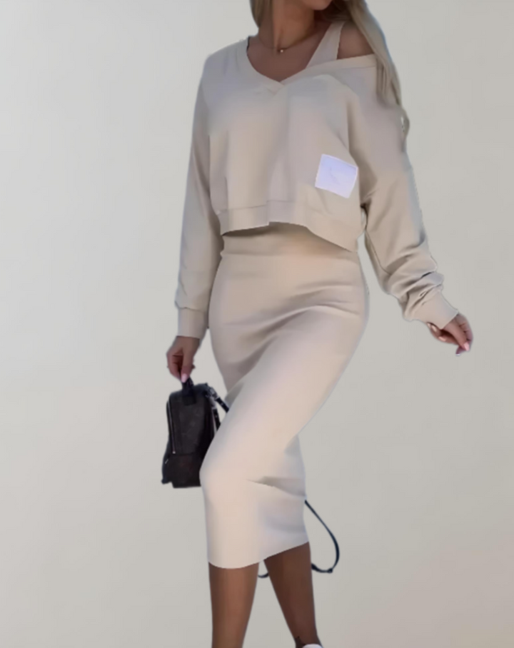 Drune | 3-teiliges Strick-Set - V-Ausschnitt Top und Midi-Rock für Damen