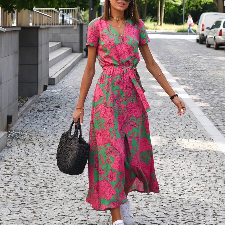 Drune | bedrucktes V-Ausschnitt Sommerkleid mit Schlitz