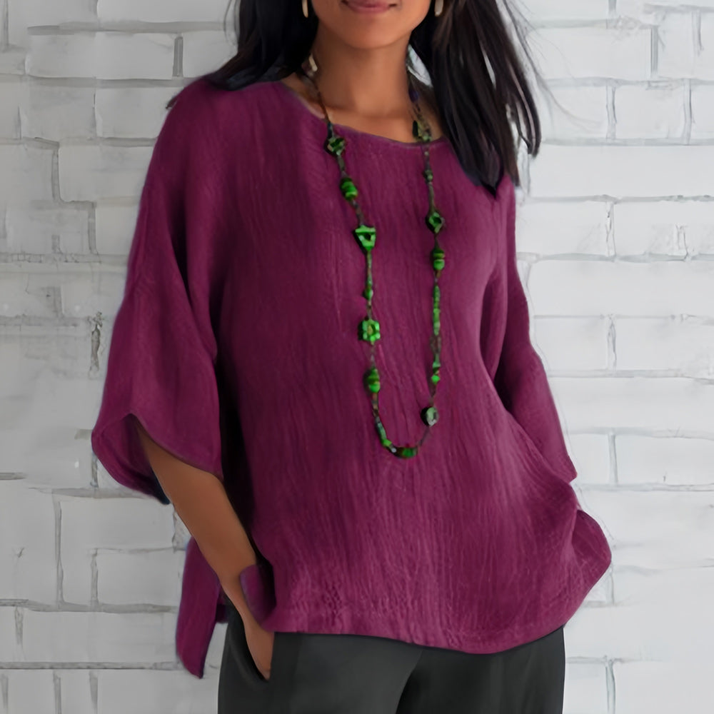 Drune | Rosafarbenes, lockeres Rundhals-Shirt mit 3/4-Ärmeln für Damen