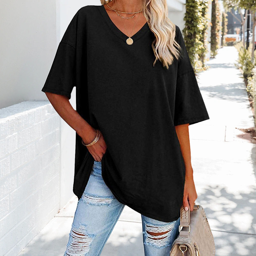 Drune | einfarbiges neues Damen-T-Shirt aus Baumwolle mit V-Ausschnitt
