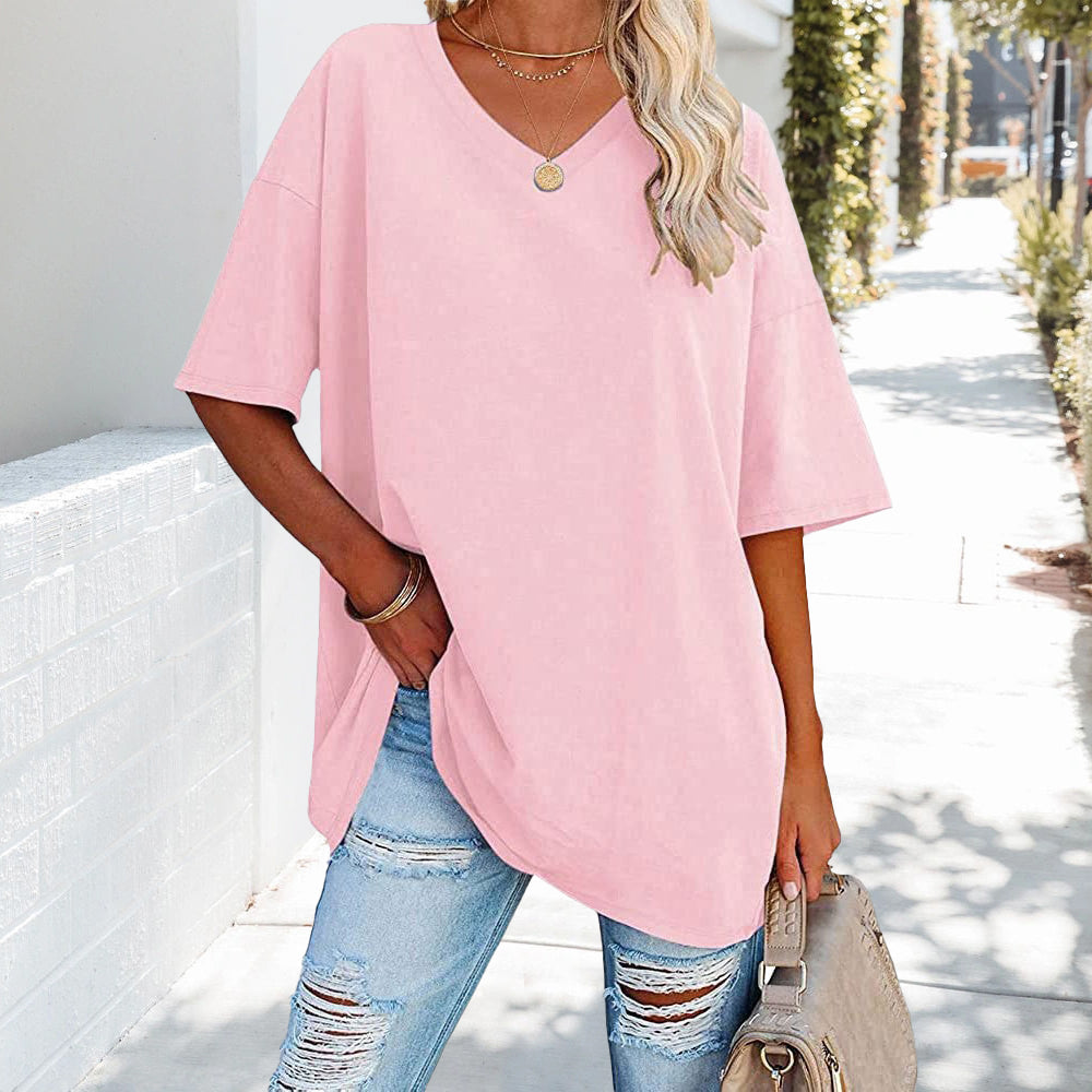 Drune | einfarbiges neues Damen-T-Shirt aus Baumwolle mit V-Ausschnitt
