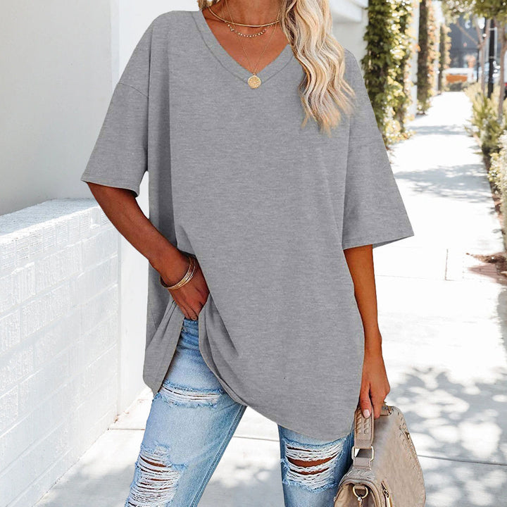 Drune | einfarbiges neues Damen-T-Shirt aus Baumwolle mit V-Ausschnitt