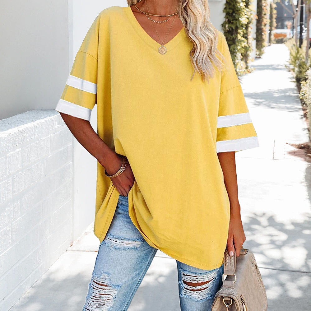 Drune | Kontrastfarbenes, lockeres Damen-T-Shirt mit V-Ausschnitt