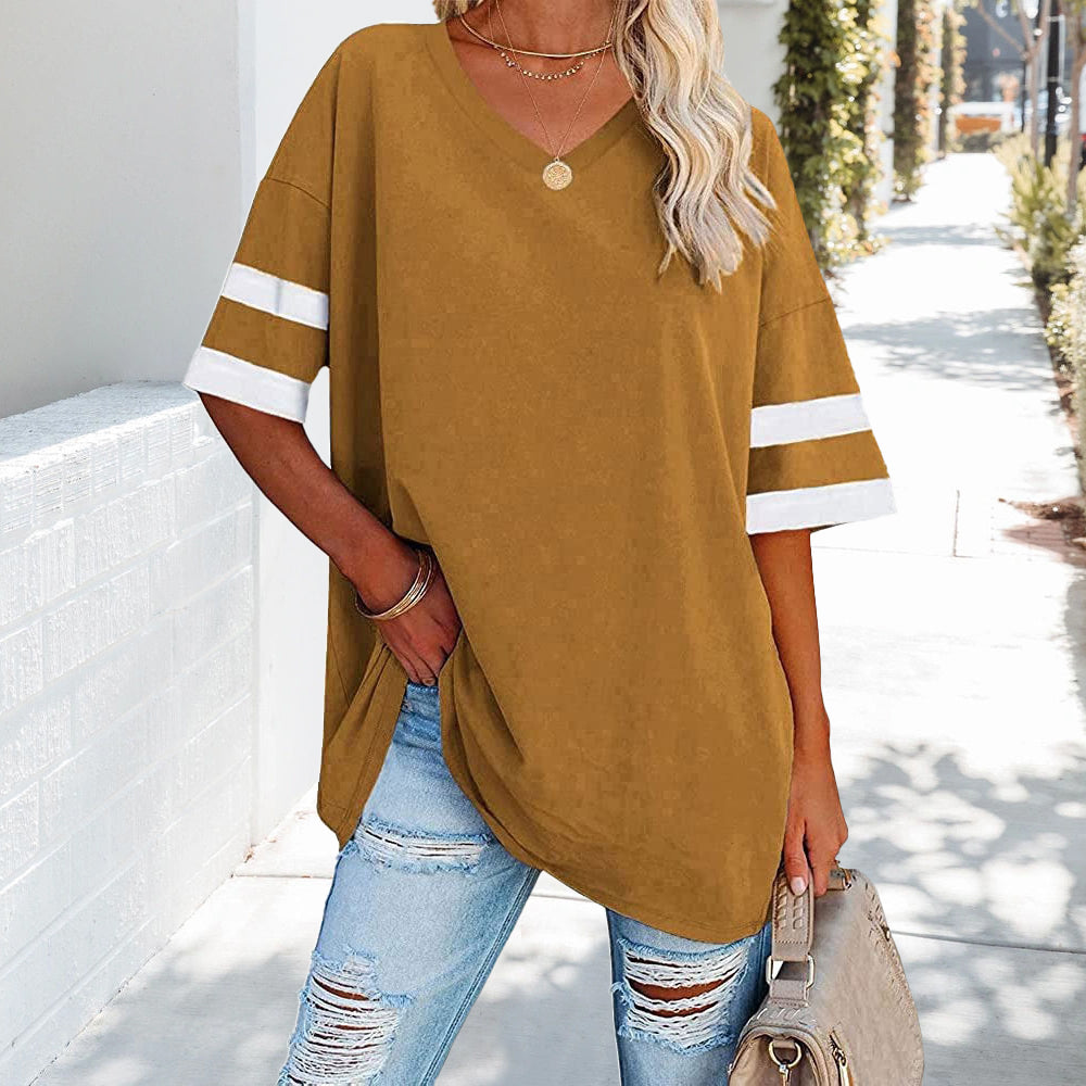 Drune | Kontrastfarbenes, lockeres Damen-T-Shirt mit V-Ausschnitt
