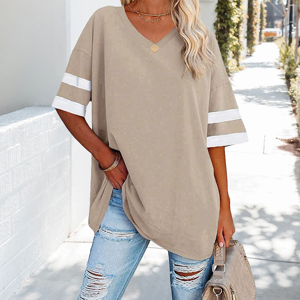 Drune | Kontrastfarbenes, lockeres Damen-T-Shirt mit V-Ausschnitt