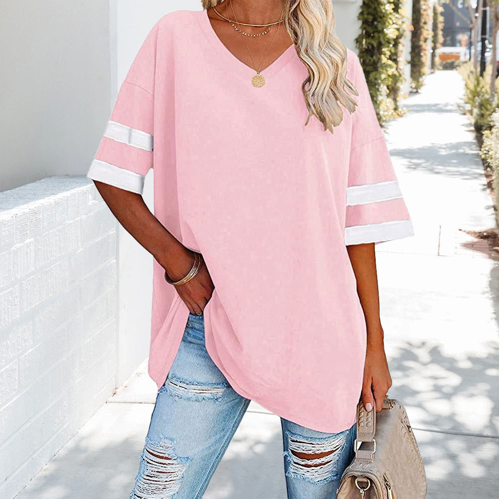 Drune | Kontrastfarbenes, lockeres Damen-T-Shirt mit V-Ausschnitt