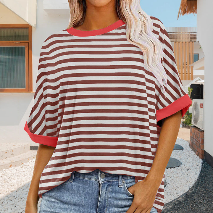Drune | sommer Damen Neue Einfache Gestreiften Rundhals Trendy Kurzen Ärmeln
