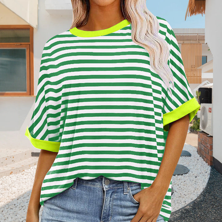 Drune | sommer Damen Neue Einfache Gestreiften Rundhals Trendy Kurzen Ärmeln