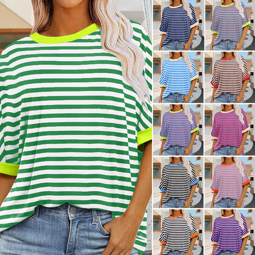 Drune | sommer Damen Neue Einfache Gestreiften Rundhals Trendy Kurzen Ärmeln