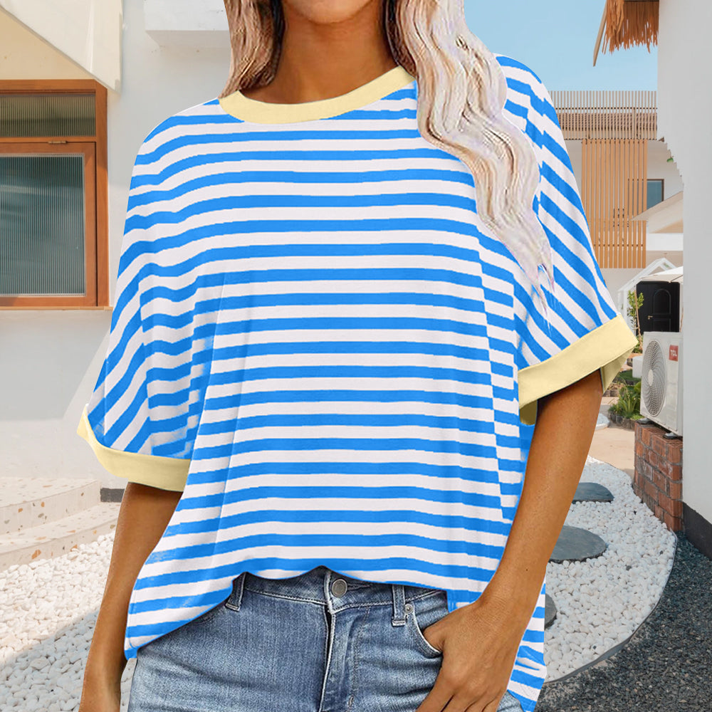 Drune | sommer Damen Neue Einfache Gestreiften Rundhals Trendy Kurzen Ärmeln