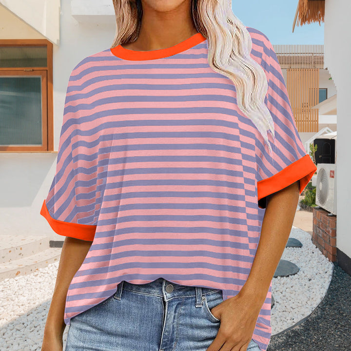 Drune | sommer Damen Neue Einfache Gestreiften Rundhals Trendy Kurzen Ärmeln