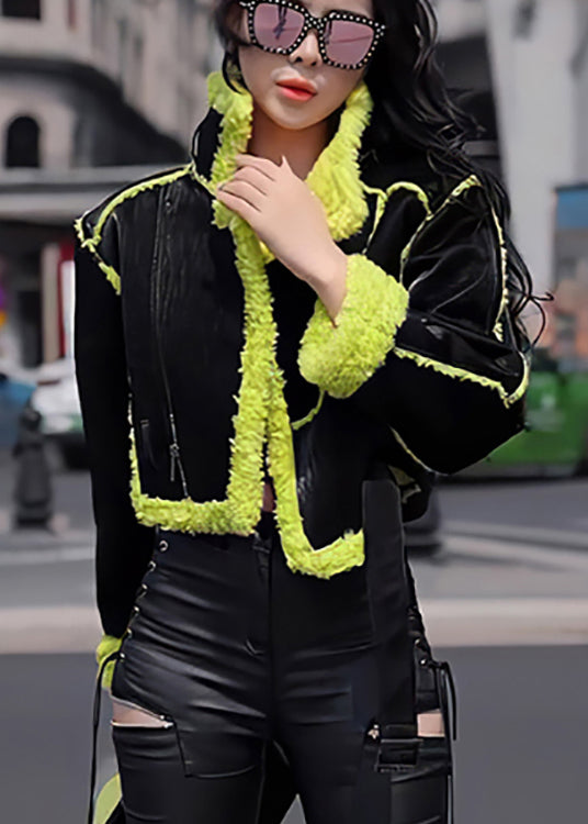 Drune | Stil Schwarz Grün Patchwork Flauschig Wolle Gefüttert Mäntel