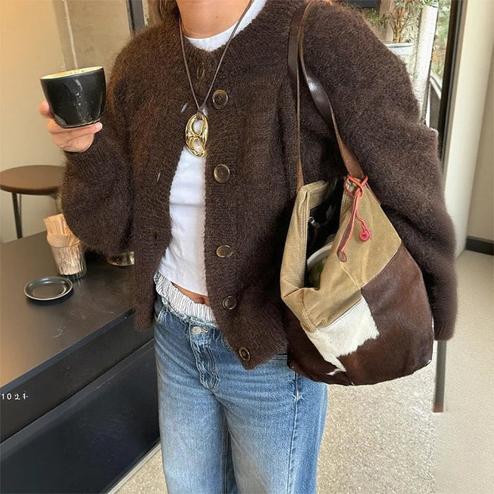 Drune | Damen Braun Strickjacke mit langen Ärmeln und Knopfverschluss