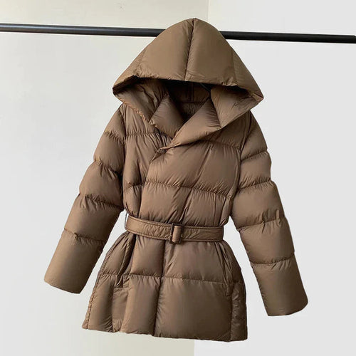 Drune | Damen Gepolsterte Pufferjacke mit Kapuze und Taillengürtel