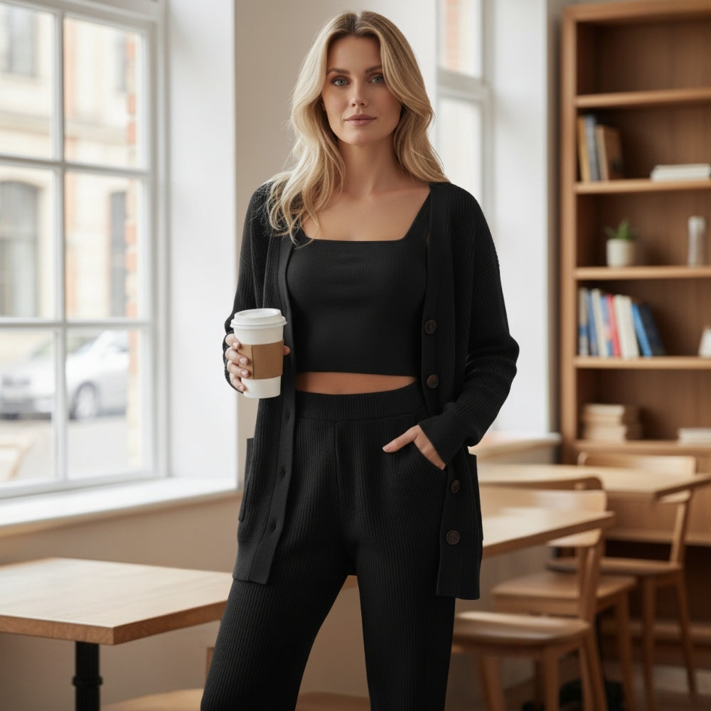 Drune | Dreiteiliges Set für Frauen: Cardigan, Weste und Hose