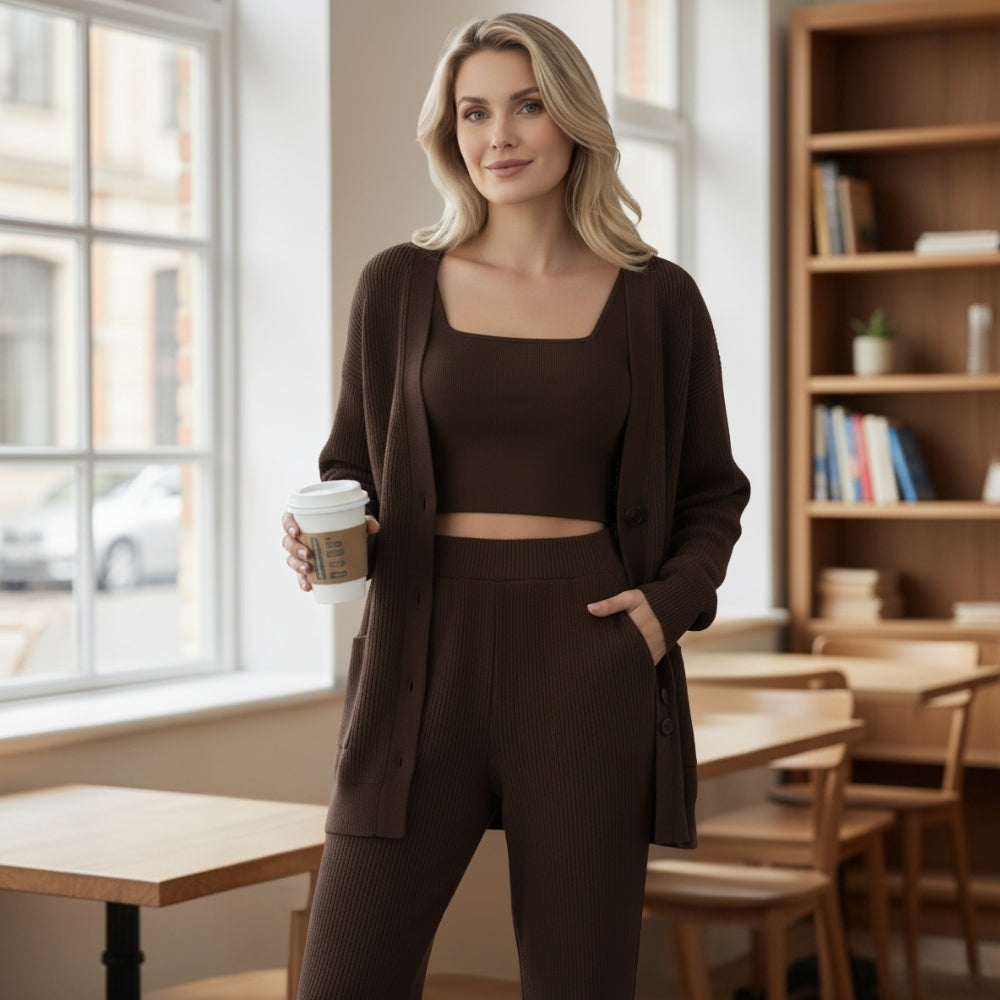 Drune | Dreiteiliges Set für Frauen: Cardigan, Weste und Hose