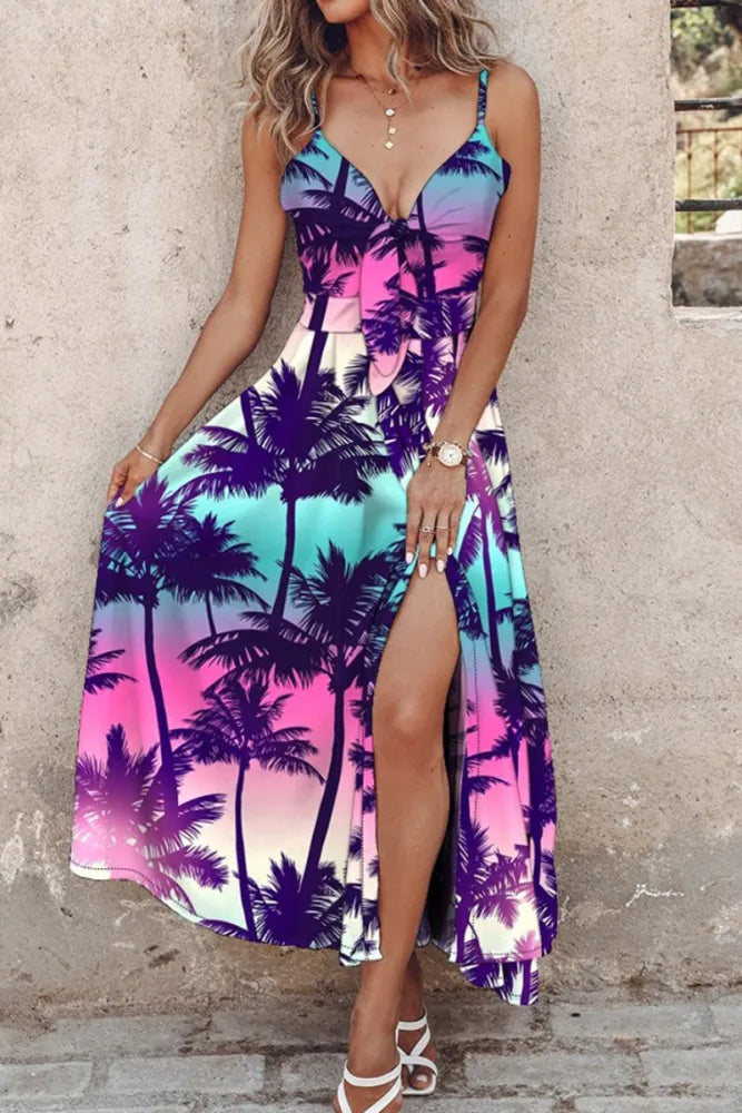 Drune | Lässige Print Halter Spaghetti Träger Lange Kleider