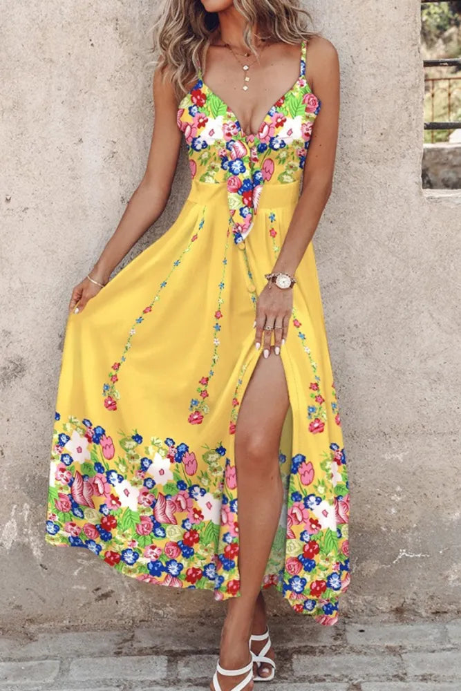 Drune | Lässige Print Halter Spaghetti Träger Lange Kleider
