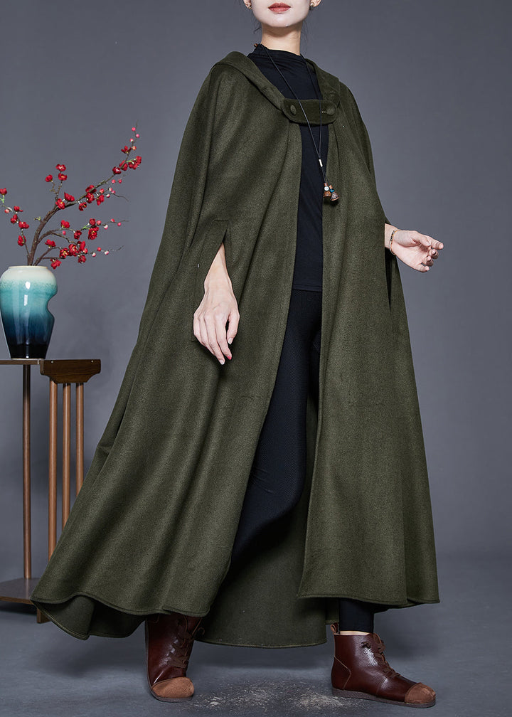 Drune | Grüner Lockere Wolle Trenchcoats Mit Kapuze Umhang Ärmel