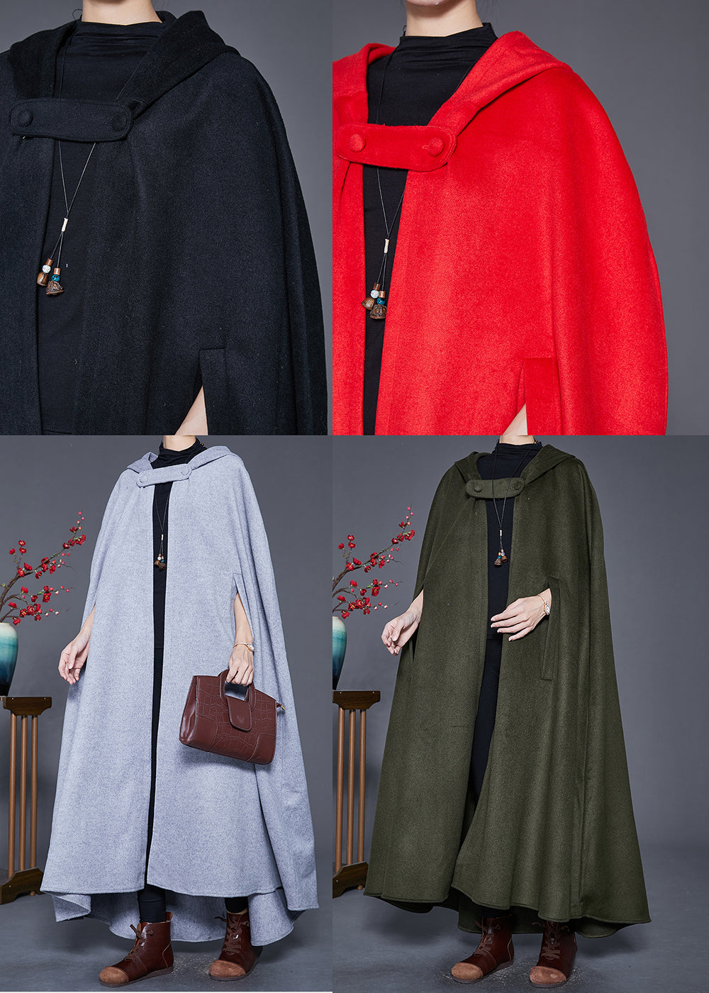 Drune | Grüner Lockere Wolle Trenchcoats Mit Kapuze Umhang Ärmel
