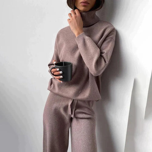 Drune | Loungewear Satz Hoher Kragen Pullover Weite Hose Weiches Strick Lockerer Schnitt