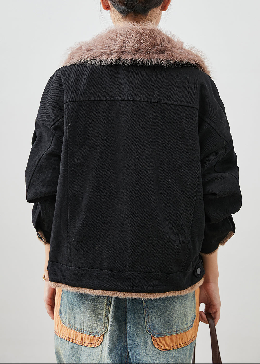 Drune | Schwarze Pelzkragen Patchwork Baumwollmäntel
