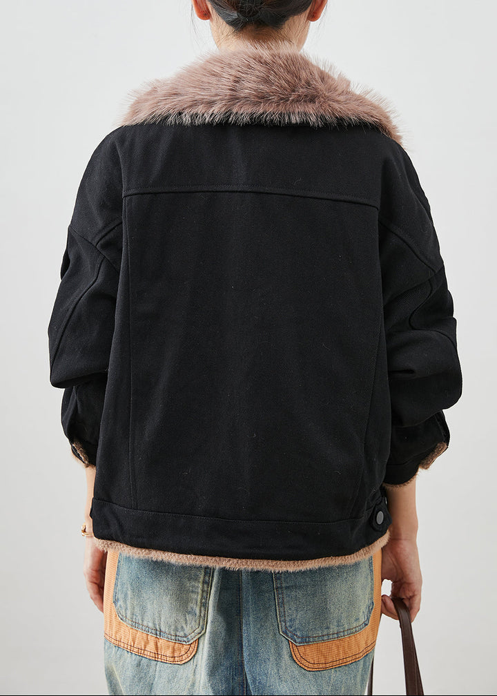 Drune | Schwarze Pelzkragen Patchwork Baumwollmäntel