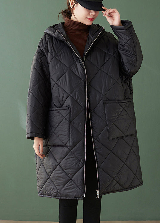 Drune | Schwarze Kapuze Taschen Reißverschluss Patchwork feine Baumwollgefüllte Mäntel Winter